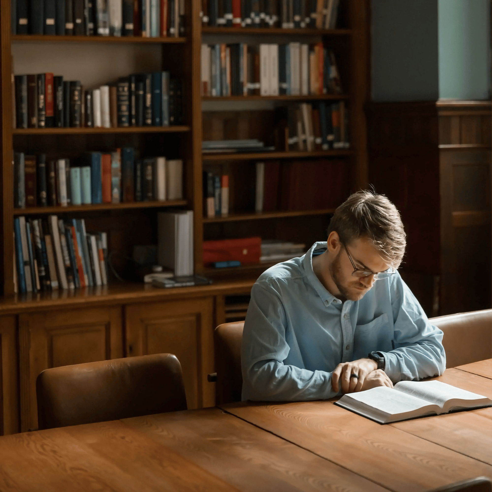 Man studying alone in large library